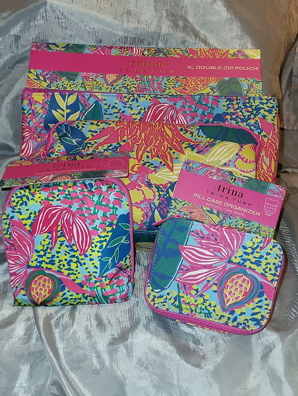 Trina Turk 3 Pc Set Vibrant Floral Zip Pouch Set in Pink, Blue & Yellow